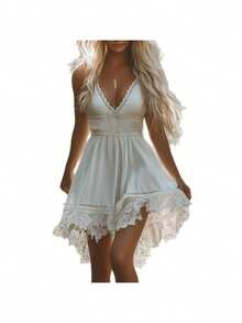 Vestido midi de tirantes con cuello V y bordes de encaje blanco, elegante estilo bohemio europeo y americano. - Blanco - Ver 3