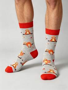 1 Pair Men's Funny Sloth Print Crew Socks, Casual Comfortable Socks, Personalized Daily Wear, Cute Sloth Pattern, Breathable Moisture-Wicking Cartoon Socks, Suitable For All Seasons, Students, Shallow Gray With Red Trim Sloth Crew Socks, Relaxed Style Sloth Print Crew Socks, Comfortable Durable Daily Wear, Unique Niche Design - Multicolor - View 1