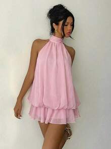 Vestido mini elegante de mujer con cuello halter y lazo en color amarillo claro - Rosa Pálido - Ver 3