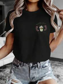 Plus Size - Plus Size - Resort Wear Vacation Style Matcha Latte Social Club Printed Fashionable And Elegant Women's T-Shirt, Casual And Versatile Easy And Comfortable Short Sleeve Top, T-Shirt New Women's Summer Clothing Summer Tops - Black - View 2