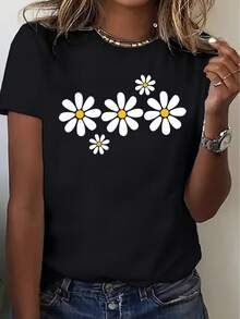Camiseta de talla grande para mujer con estampado de margaritas, bonito patrón de pequeñas margaritas blancas, camiseta casual de manga corta con cuello redondo, top diario cómodo y transpirable, camiseta casual con estampado floral a la moda. - Negro - Ver 7