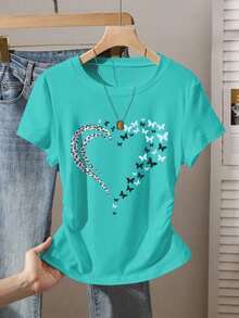Blusa casual de mujer con estampado de leopardo, cintura fruncida, adecuada para exteriores, citas, vuelta al colegio, versátil, color vino tinto con diseño de corazón - Verde - Ver 1