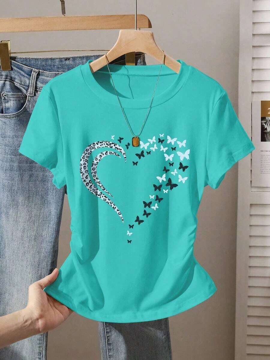 Blusa casual de mujer con estampado de leopardo, cintura fruncida, adecuada para exteriores, citas, vuelta al colegio, versátil, color vino tinto con diseño de corazón - Verde - Ver 1