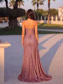 Vestido largo con cuello de corazón con lentejuelas, parches de malla y abertura en el bajo, cintura alta, adecuado para bailes, fiestas, cenas formales y otras ocasiones como bodas y fiestas de primavera - Rosa vieja - Ver 2