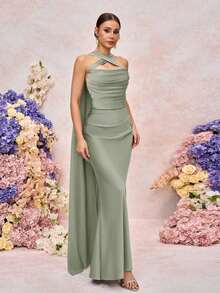 Belle Elegante vestido de dama de honor de novia ajustado con escote corazón y volantes, color verde romántico trenzado mate - Verde Oliva - Ver 5