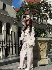 Conjunto de traje de mujer, blazer de unicolor estilo vintage + pantalones rectos, 2 piezas - Beis - Ver 7