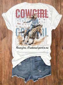 Camiseta Gráfica de Estilo Vaquero Occidental para Mujer - Estampado Vintage "COWGIRL" con Diseño de Caballo y Cactus, Lema "Espíritu Indomable Nacido para Viajar", Tela Elástica No Transparente, Manga Corta, Cuello Redondo, Camiseta Casual para Verano y Primavera, Estilo Rústico Occidental - Blusas de Primavera para Mujer - Conjuntos de Verano para Mujer - Camisetas de Algodón para Mujer - Camiseta Vintage de Estilo Urbano Unisex de Manga Corta y Cuello Redondo de Algodón Suelto - Blusas para mujer. blusas.blusas casuales para dama. - Blanco - Ver 1