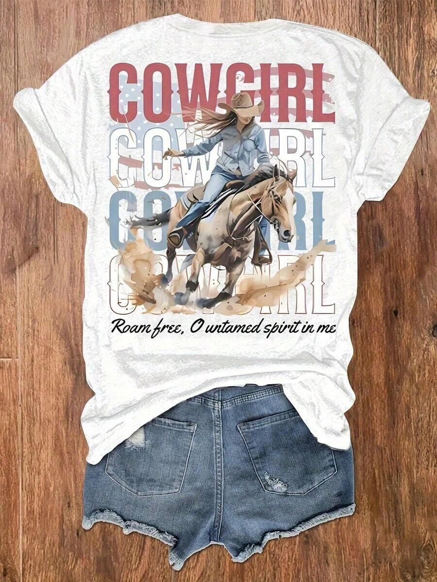 Camiseta Gráfica de Estilo Vaquero Occidental para Mujer - Estampado Vintage "COWGIRL" con Diseño de Caballo y Cactus, Lema "Espíritu Indomable Nacido para Viajar", Tela Elástica No Transparente, Manga Corta, Cuello Redondo, Camiseta Casual para Verano y Primavera, Estilo Rústico Occidental - Blusas de Primavera para Mujer - Conjuntos de Verano para Mujer - Camisetas de Algodón para Mujer - Camiseta Vintage de Estilo Urbano Unisex de Manga Corta y Cuello Redondo de Algodón Suelto - Blusas para mujer. blusas.blusas casuales para dama. - Blanco - Ver 1