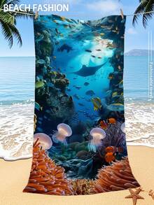 【便携速干柔软】夏季吸水超细纤维沙滩巾 | 70*140cm/90*180cm 可选 | 可选配收纳袋 | 印有水下珊瑚鱼图案 | 适用于海滩、浴室、露营、健身、旅行 - 深藍色 - 查看 11