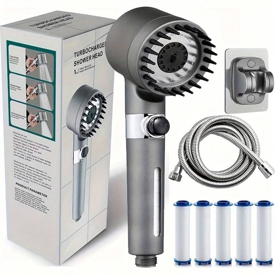 3-Setting Massage Shower Head With Filter System & 15 Replacement Filters - Wall-Mounted Rain/Jet Shower System, Suitable For Modern Bathrooms, No Electricity Required, Polished ABS Plastic Round Shower Head Accessory, For Shower Use Only - A - View 1