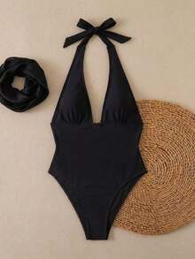 Traje de baño de dos piezas con estampado de lunares, escote asimétrico y espalda descubierta, atuendo de vacaciones en la playa para el verano - Color negro sólido - Ver 2