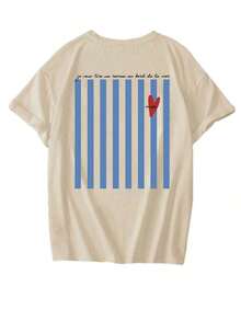 Camiseta de manga corta con cuello redondo y estampado de rayas azules, blusa versátil y elegante para mujer en color blanco. - ¿Dónde estás? - Ver 1
