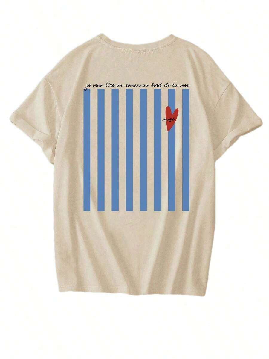 Camiseta de manga corta con cuello redondo y estampado de rayas azules, blusa versátil y elegante para mujer en color blanco. - ¿Dónde estás? - Ver 1