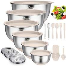 Wildone - Cuencos para mezclar con tapas herméticas, 22 cuencos de acero inoxidable, con accesorios de 3 ralladores, marcas de escala y parte inferior antideslizante, tamaño 5, 4, 3, 2, 1.5, 0.63QT - Caqui - Ver 9