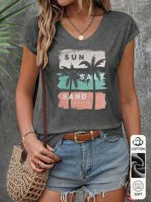 Camiseta sin mangas de cuello en V para mujer, con estampado de efecto vaquero, diseño de bolsillo falso, top casual de verano para exteriores, gráfico elegante, versátil para uso diario, al aire libre, compras, viajes - Gris Oscuro - Ver 1