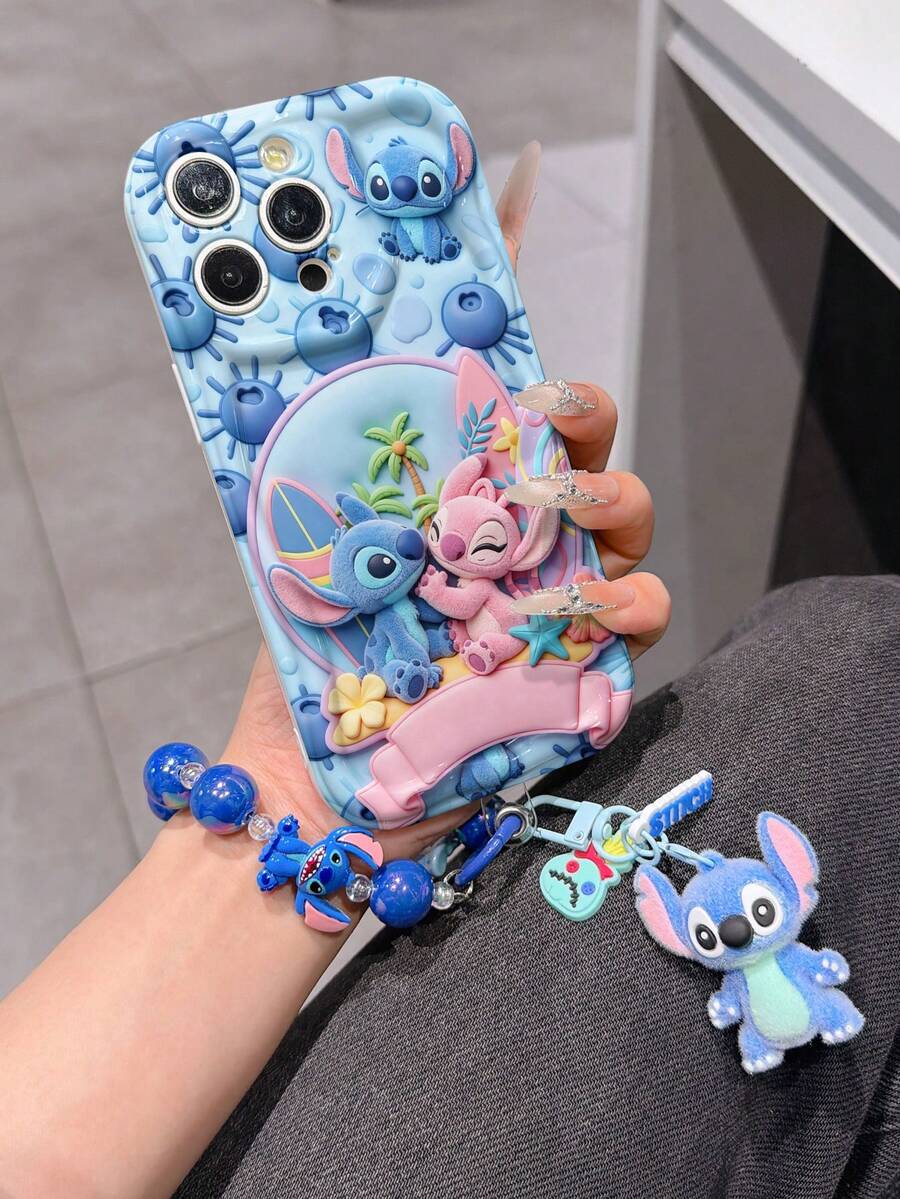 Disney Has Authorized, Phone Case - Chain Set, The Stitch Lilo & Stitch 3D Phone Case Plus A Silicone 3D Stitch Bracelet With Metallic Ring Removable Bracelet, Stitch And Angel Pattern, Compatible With Iphone17/16/15/14/13/12/11/XS/XR/X Plus Pro Max, A Stylish Cartoon Phone Case, The Perfect Gift Choice, Phone Protection, Durable Phone Cover, Great Gift For Friends And Family. - 白色 - 查看 1