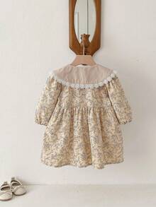 1件女童/幼儿杏色碎花荷叶边领长袖休闲连衣裙，春夏穿着舒适 - 杏色 - 查看 3