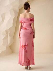 Vestido elegante de mujer con hombros descubiertos y cintura fruncida, perfecto para bodas, citas y ocasiones - Rosa 2 - Ver 2