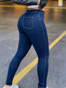 Womens Classic High Waisted Skinny Stretch Curvy Butt Lifting Jeans Slim Fit Denim Pants(The Size Is Too Large, It Is Recommended To Take A Smaller Size) - 深藍 - 查看 2