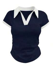Camiseta casual de mujer con cuello polo, manga corta y estampado de corazones en color contrastante - Multicolor 2 - Ver 3