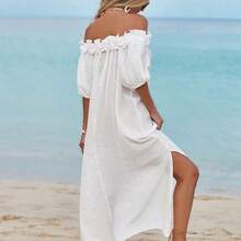 Swim Vcay Women's Ruffled Off Shoulder Mid-Calf Beach Dress, Sexy Beach Dress, Lantern Sleeve Wedding Guest Slit Flowing Dress For Summer Beach Vacation - Negro - Ver 3