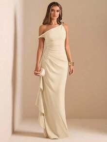 de dama de honor de otoño/invierno, vestido largo elegante con pliegues, abertura alta, volantes y hombros oblicuos con nudo retorcido y sin tirantes, sexy para fiestas - Albaricoque - Ver 1