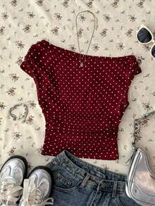 corta con estampado de lunares y drapeado asimétrico para mujer - Burdeos - Ver 7
