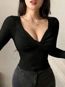 Camiseta corta de mujer con cuello en V, manga corta, ajustada y con nudo, para salir - Negro - Ver 4