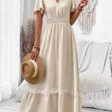 V-Neck Ruffle Sleeve Solid Color Vacation Style Spring/Summer Dress Maxi Women Outfit - Albaricoque - Ver 7
