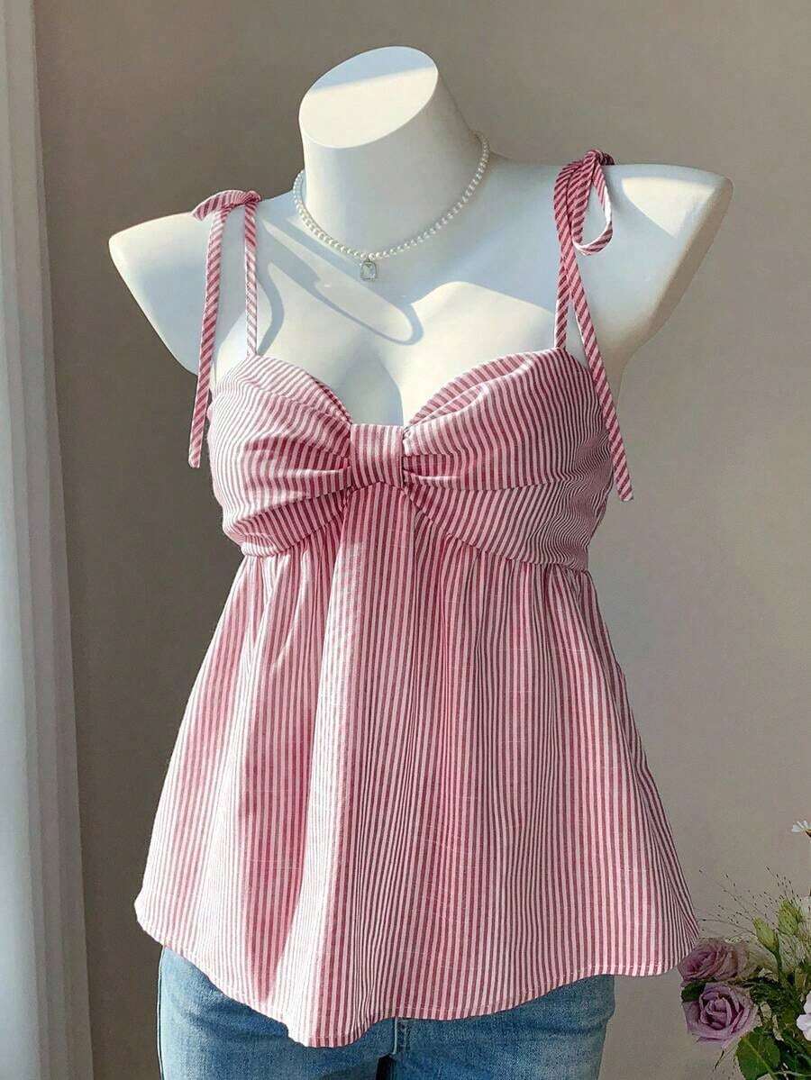 Camiseta sin mangas plisada y a rayas de verano para mujer, de estilo casual y vacacional - Rojo y blanco - Ver 1