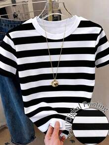 Camiseta de mujer de manga corta con cuello redondo y estampado de rayas casual - Multicolor 10 - Ver 5