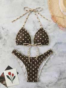 Conjunto de bikini de dos piezas con estampado de lunares, camiseta con lazo sexy y traje de baño para vacaciones en la playa para mujer - Marrón - Ver 3