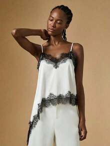 Camiseta de mujer de verano con encaje asimétrico, top blanco, regalo de San Valentín para mujeres, top elegante de mujer, top de verano, vacaciones de mujer, estilo de dinero antiguo / Top camisero de mujer con ribete de encaje de satén y cuello - Blanco 2 - Ver 7