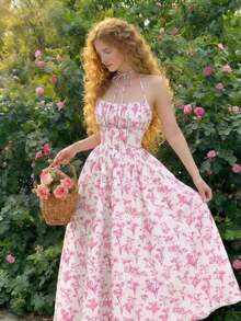 Vestido de mujer con estampado floral y cuello halter con lazo, de moda para citas y fiestas - Rosa - Ver 3