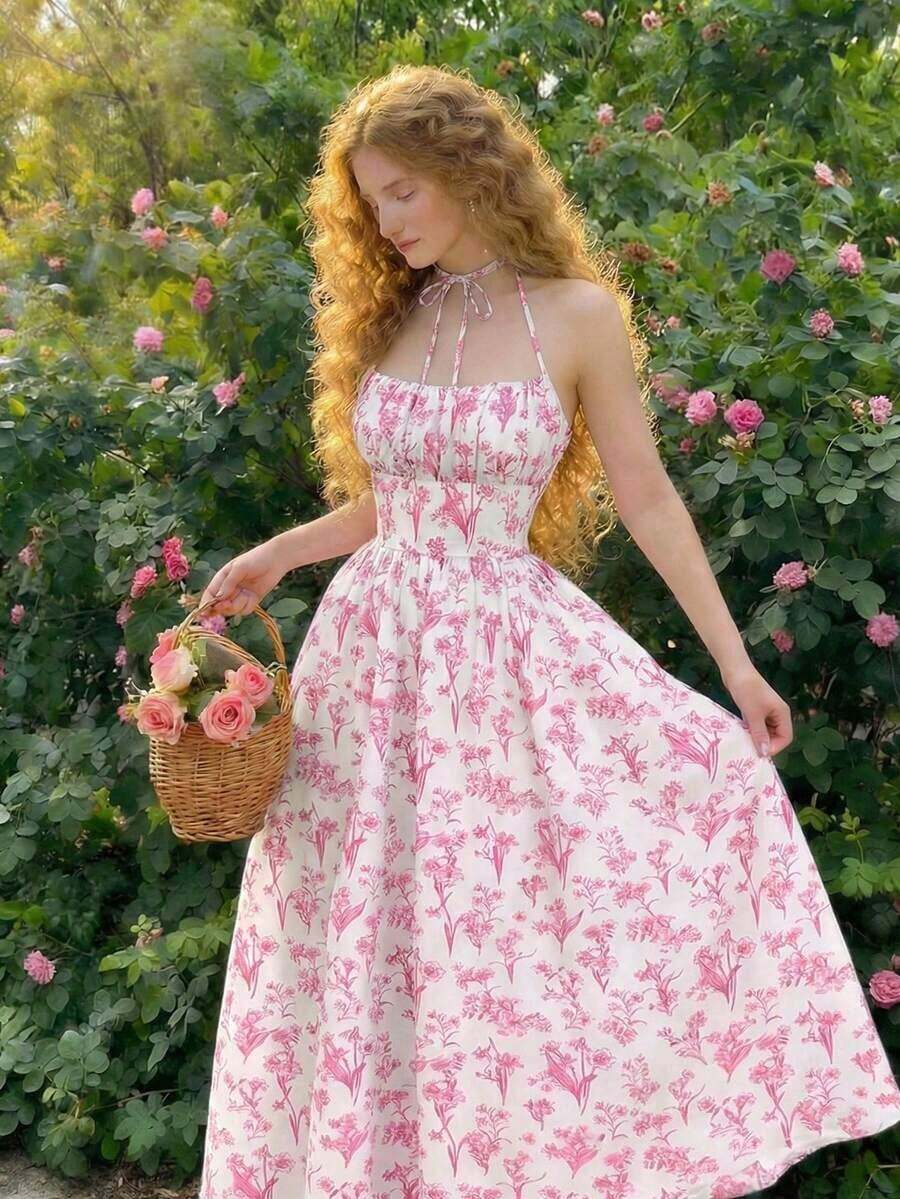 MOD Vestido maxi romántico sin espalda con lazo amarillo, blusas de verano, atuendos de vacaciones para mujer, ropa occidental para mujer, atuendo para té, atuendos de vacaciones en la playa, vestidos pastel para mujer - Rosa - Ver 1