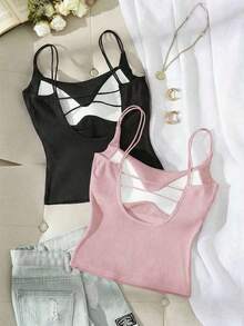 Paquete de 2 tops de camiseta acanalada con sujetador acolchado incorporado - Rosa y Negro/Lunares blancos, tops versátiles casuales para verano y uso en todas las estaciones, estilos suaves y limpios para chica, perfectos para el hogar, la escuela - Negro 8 - Ver 7