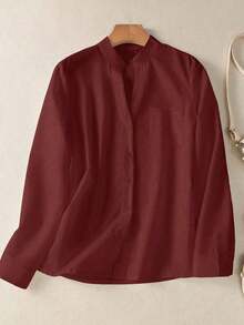 Camisa de mujer de unicolor con cuello en V y botones - Blusa casual y elegante de manga larga con detalle de bolsillo, adecuada para vacaciones, viajes y uso diario, artículo esencial para primavera, verano, otoño e invierno - Café integral - Ver 3