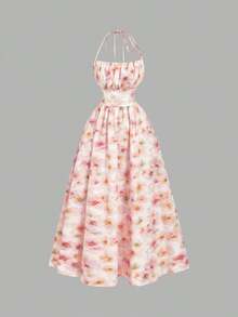 Vestido de mujer con estampado floral y cuello halter con lazo, de moda para citas y fiestas - Rosa Pálido - Ver 8