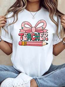 Camiseta de Mujer con Estampado de Corazón, Lápiz y Lazo PROFESOR, Top para Uso Diario en el Campus o Fiestas, Estilo Dulce y Cálido de Manga Corta, Camiseta de Estilo Urbano para Uso Diario - Camiseta Unisex de Algodón de Manga Corta, Cuello Redondo y Corte Holgado, Estilo Urbano Vintage - Blanco - Ver 1