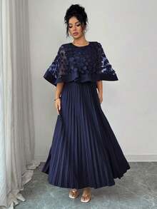 Vestido con decoración floral elegante y bajo plisado, adecuado para bodas, fiestas de cumpleaños y otras ocasiones, otoño - Azul marino - Ver 4