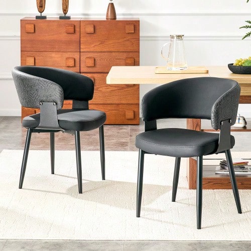 Mid-Century Modern Style Dining Chairs, Set Of 2, Retro Armchairs With Barrel-Shaped Armrests And Patterned Backrests, Faux Leather Kitchen Chairs With Sturdy Legs For Home And Restaurants - Black - View 1