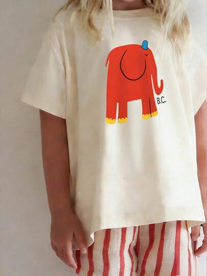 Young Girl Aesthetic Beige Cartoon Elephant Graphic Tee, Oversized Short Sleeve T-Shirt, Casual Daily Tops