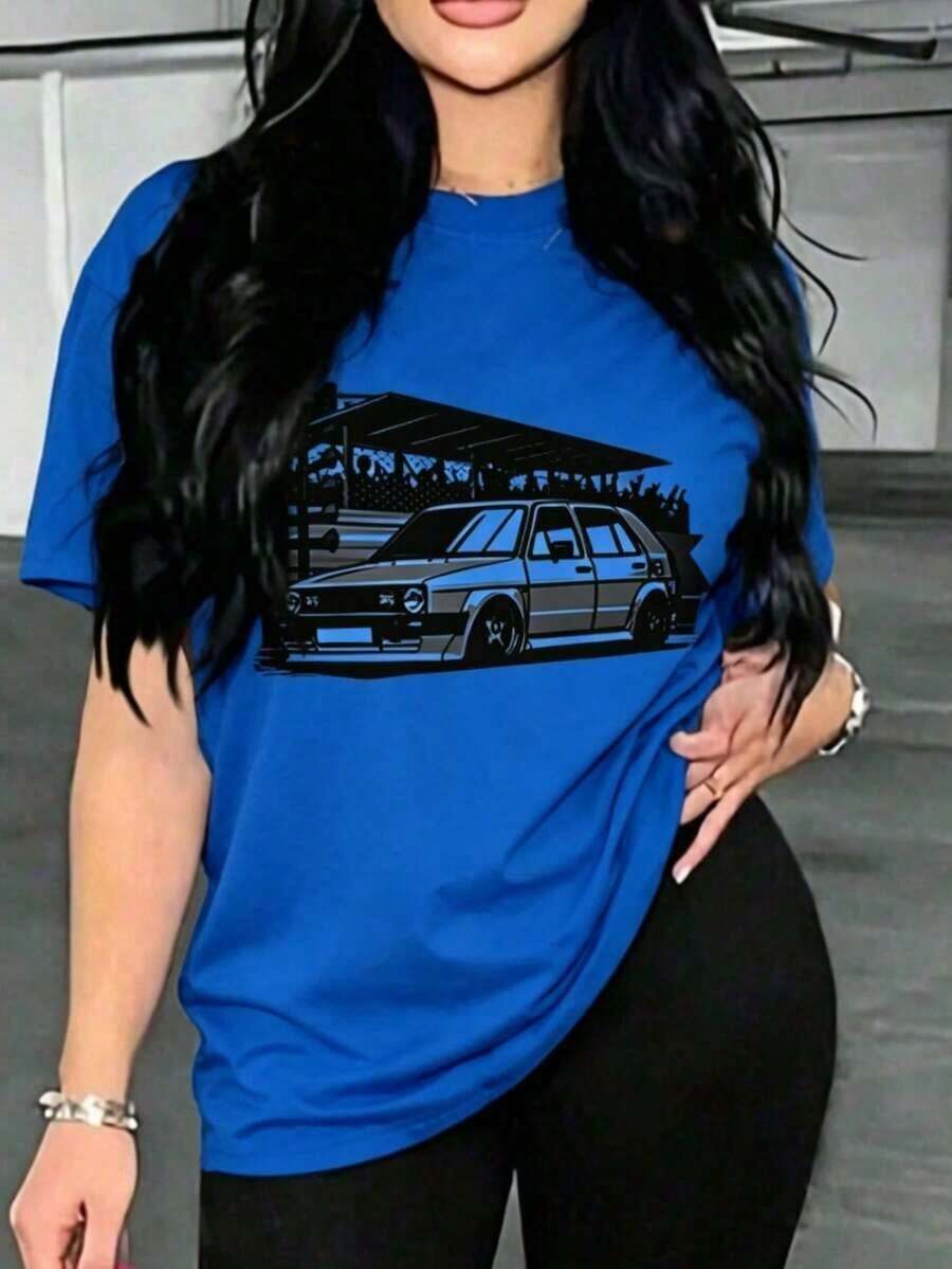 Short-Sleeve Printed T-Shirt For Women, Casual T-Shirt For Men, Urban Style Sports Car Print Short-Sleeve Top, Fashionable Everyday Wear For Men, Fashionable Women's Clothing, Crew Neck, 100% Cotton, Soft Fabric, Short Sleeves, Breathable And Cool. 100% Cotton - 藍色的 - 查看 1