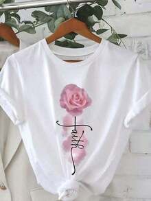 2026 Elegante Camiseta Casual con Estampado de Rosa Rosa y 'Faith' en Cursiva, Manga Corta, Cuello Redondo, Blusa con Dobladillo Anudado para Mayor Largo, Top de Verano para Uso Diario, Lavable a Máquina, Camiseta Elegante de Línea Especial para Comodidad en Todas las Temporadas. - Blanco - Ver 1