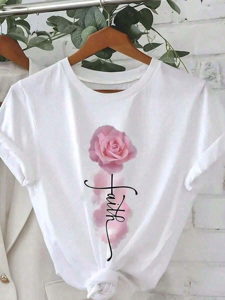 2026 Elegante Camiseta Casual con Estampado de Rosa Rosa y 'Faith' en Cursiva, Manga Corta, Cuello Redondo, Blusa con Dobladillo Anudado para Mayor Largo, Top de Verano para Uso Diario, Lavable a Máquina, Camiseta Elegante de Línea Especial para Comodidad en Todas las Temporadas. - Blanco - Ver 1