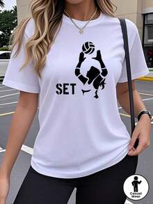 Loose-Fitting Women's Short-Sleeve T-Shirt With A Volleyball Design, Featuring An Artistic Print That's Creative, Fun, And Popular. It's Breathable, Stretchy, And Has A Round Neck. Comfortable For Outdoor Wear In Spring, Summer, And Fall. The Y2K Style Is Loose, Casual, Simple, And Fashionable. This Women's Cotton T-Shirt Is Breathable, Sweat-Wicking, And Perfect For Summer. - 黑色 - 查看 8