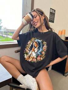 LooseElegante camiseta con estampado de corona de la Virgen María de estilo religioso, top de verano para mujer, se puede usar en interiores o exteriores, adecuada para salir de compras y usar en casa. Camiseta de algodón para mujer, transpirable y absorbente de sudor, de manga corta para verano - Negro - Ver 11