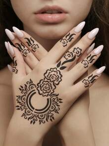Hana Hand-Drawn Hollow Floral Tattoo Stencil - Sexy Floral Pattern, Suitable For Hands, DIY Painting, Ink, Reusable Mandala Design Template Stickers, Suitable For Women Body Party Makeup - Black - View 3