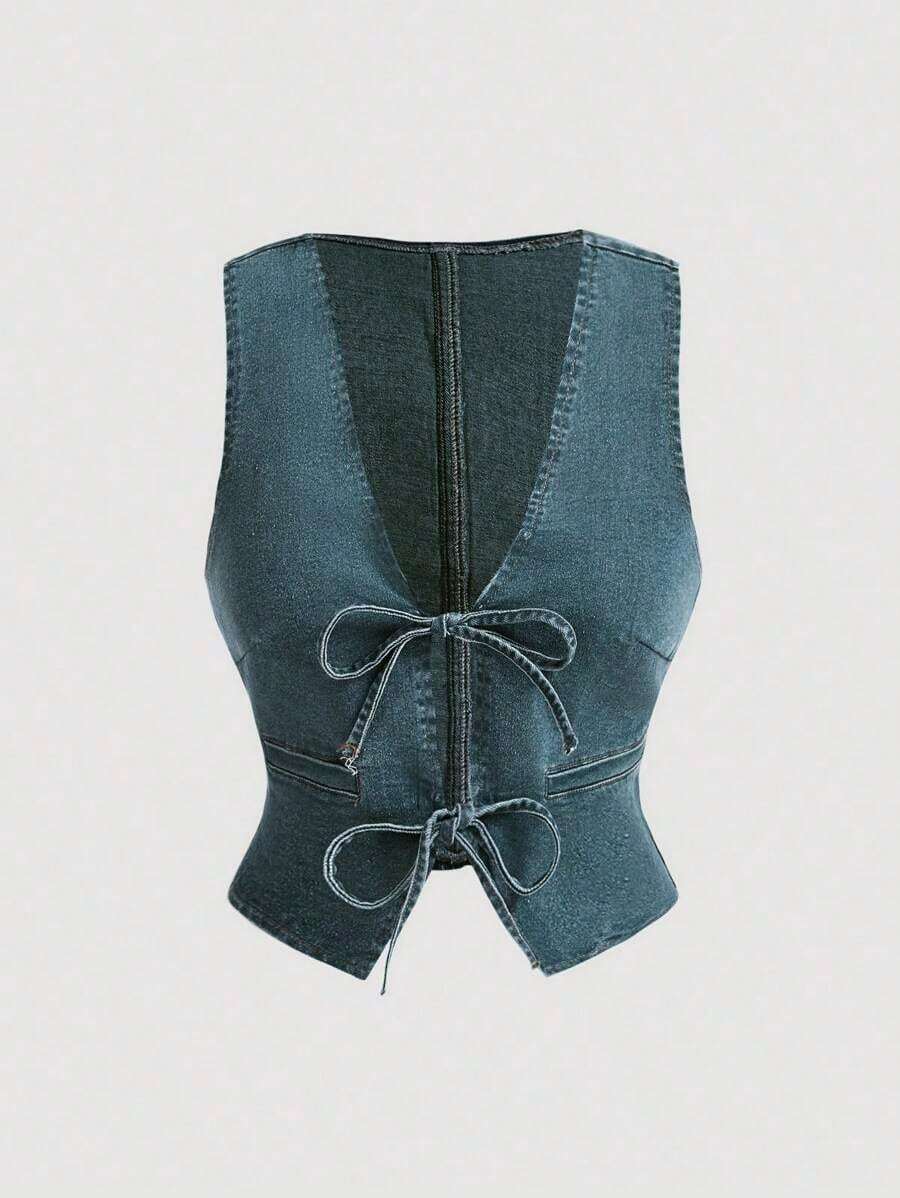 Chaleco vaquero ajustado de estilo casual de los años 70 con lazo delantero, azul, vintage - Azul lavado oscuro - Ver 1