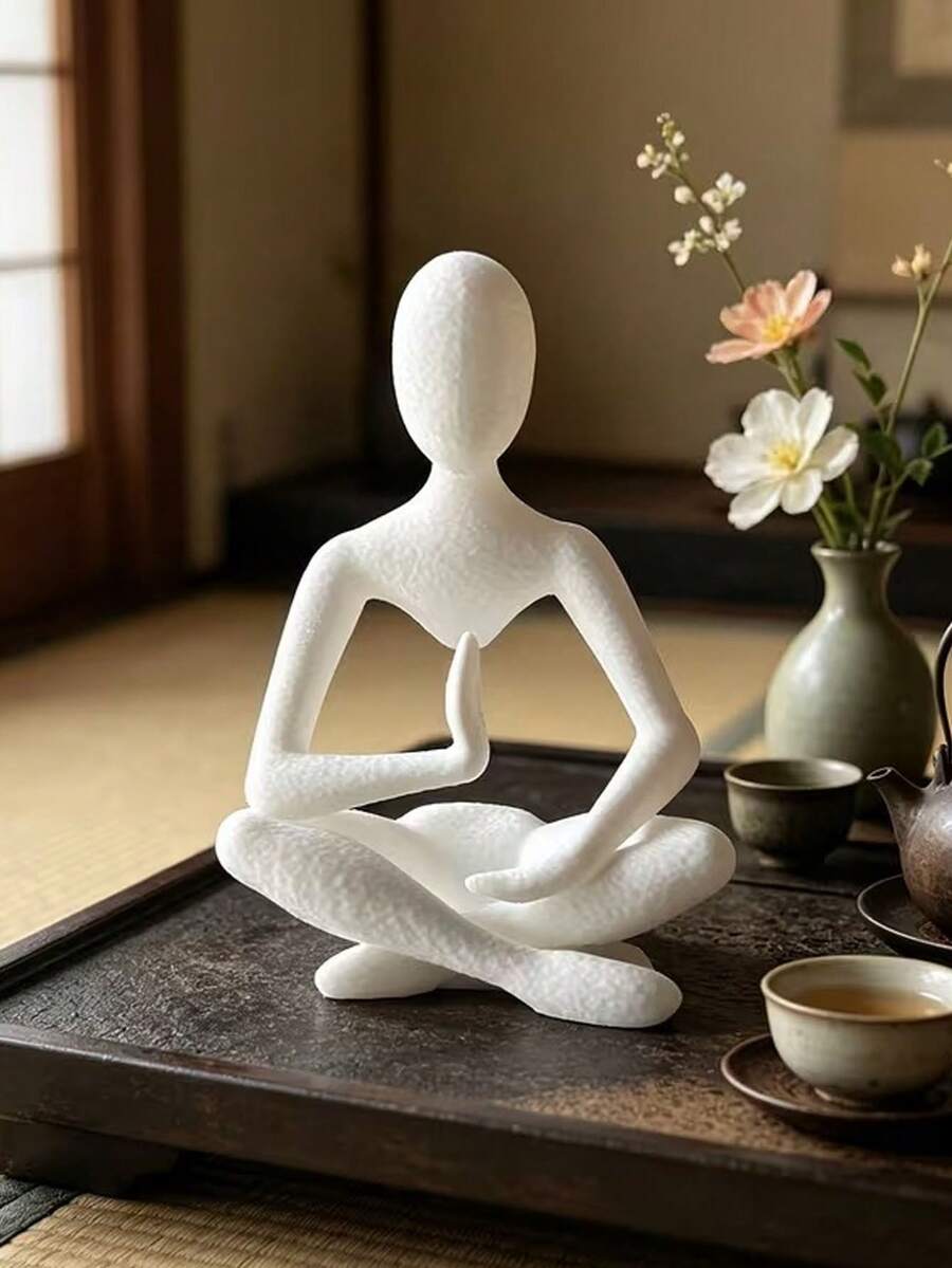 白色抽象瑜伽雕像，现代冥想雕塑，宁静禅意家居装饰，瑜伽爱好者的理想礼物 - A - 查看 1